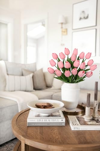 20 Pcs Pink Tulips Artificial Flowers Real Touch Fake Tulips Fake Flowers for Mother's Day 13.5" Faux Tulips Faux Flowers Bulk Artificial Tulips Flowers for Vase Centerpieces Home Wedding Bouquet - color: Pink #20