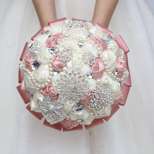 Brooch Wedding Bouquet with Bling Silver Rhinestone Pearl Satin Rose Quinceanera Flower Bouquet Blush Pink and Ivory Bridal Wedding Bouquet for Bride Bridesmaid 9.5in - color: Blush & Ivory, size: Diameter: 9.5 inches