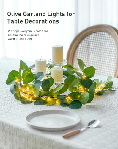 JMEXSUSS Artificial Eucalyptus Garland with Lights, 6FT Lighted Spring Garland Battery Operated with Timer for Mantel Fireplace Wedding Spring Valentine Decoration - color: Eucalyptus