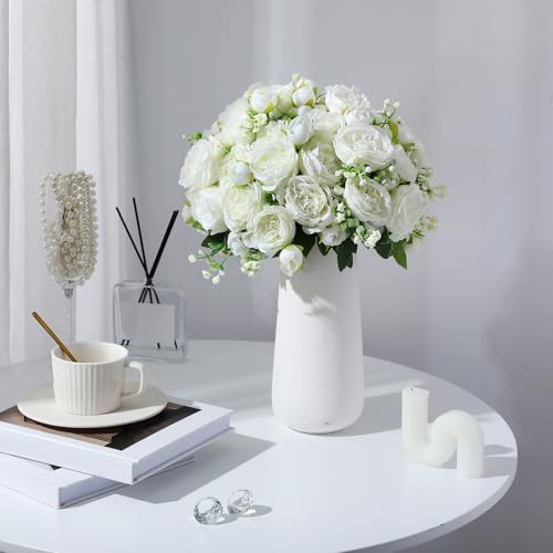 Geosar 8 Bundles Artificial Peonies Flowers Fake Silk Peony Bouquet Faux Peonies Flowers Bulk for Decoration Vase Floral Arrangements Wedding Party Table (White) - color: Green, White