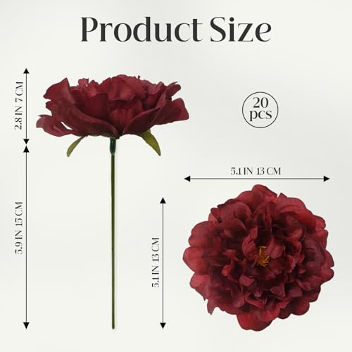 20 Pcs Artificial Flower Peonies, 5" Silk Fake Peonies with 6" Stems No Leaf, Faux Peonies Flowers for Decoration Wedding Home Party Centerpiece Decor Floral Art (Wine Red) - color: Wine Red