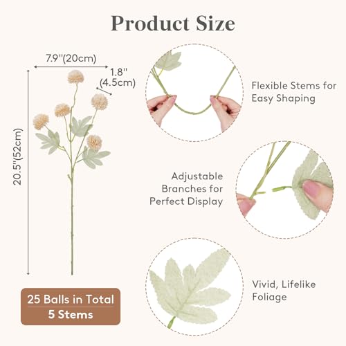 Lifewit 5 Pcs Beige Artificial Flower for Vase, Faux Silk Mums Ball with Long Stems for Home Decor, Wedding, Bulk Fake Small Chrysanthemums for Floral Arrangement, Pom Pom for Bouquets Centerpieces - color: Beige