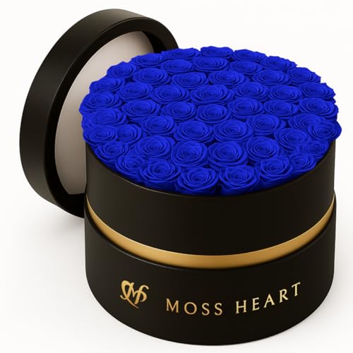 50 Petite Preserved Roses, Designer Round Box, Real Forever Roses Last 1+ Year, Premium Gift for Women, Wife, Girlfriend, Mother’s Day, Birthday, Anniversary, Valentine’s Day - color: Royal Blue, size: 50 Roses