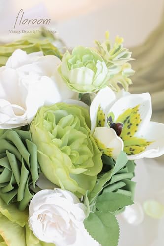 Floroom Olive Green White Artificial Flowers Fake Roses Peonies and Greenery Combo Box Set for DIY Wedding Bouquets Bridal Shower Centerpieces Floral Arrangements Party Tables Home Decorations - color: Muted Olive Green