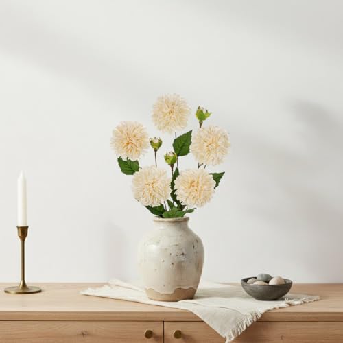 Hollyone Cream White Dahlia Artificial Flowers 5Pcs Fake Dahlia Flowers for Decoration Silk Flower with Long Stem 17" Floral Arrangements Bouquets Indoors Outdoors Faux Dahlias Centerpieces Home Decor - color: Cream