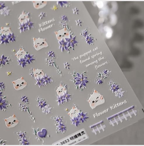 Purple Flower Nail Art Stickers 5D Powder Blusher Cat Nail Decals 1PCS Embossed Heart Petal Lavender Design Stickers Summer Floral Adhesive Nail Accessories for Manicure Decor - style: Style6-Lavender Cat
