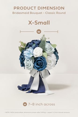 Ling's moment Navy Blue Artificial Wedding Flower Bouquet for Bridesmaid White Floral Bouquet Dusty Blue Bridal Bridesmaid Bouquets with Ribbon Ceremony Anniversary,7-inch Diameter - color: Blu-noble Navy Blue