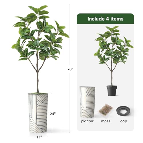 Artificial Tree in Geometric Pattern Planter, Fake Magnolia Tree for Indoor and Outdoor Home Decoration - 70" Overall Tall (Plant Pot Plus Tree) - style: Magnolia Tree