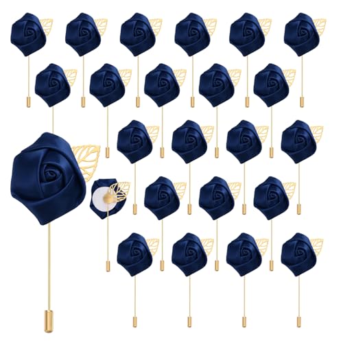 uxcell 24pcs Navy Blue Rose Boutonnieres Flower Buttonholes Pocket Boutonnieres Pins for Wedding Ceremony Anniversary Prom Formal Dinner Party - color: Navy Blue