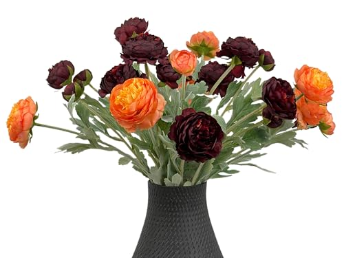 7pcs Silk Peonies Artificial Flowers, Faux Orange and Burgundy Peonies Mixed for Vase, Fake Flower Stems Arrangement for Home Kithcen Dining Table Centerpieces, Farmhouse Office Decoration - color: Orange & Red Wine