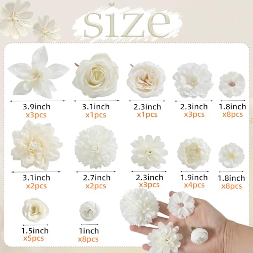 rongflower Fake Flower Heads for Crafts - White Silk Artificial Roses, Peonies, Daisies & Mini Floral Heads Bulk (48-Pack) for Wedding Decor, Graduation Cap, Cake Topper, Baby Shower, Home Decoration - color: White