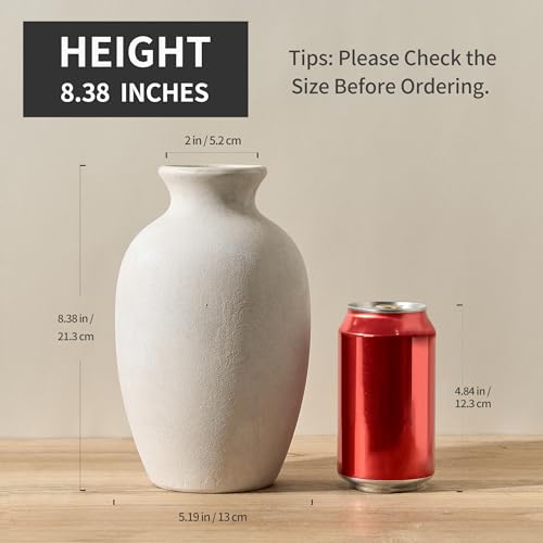 Ceramic Vintage Flower Vase Home Decor, 8.38" Rustic Terracotta, Antique Vase for Table, Living Room, Shelf, Mantel Decoration, Farmhouse- Grayish White - color: Off-white- 8.38"