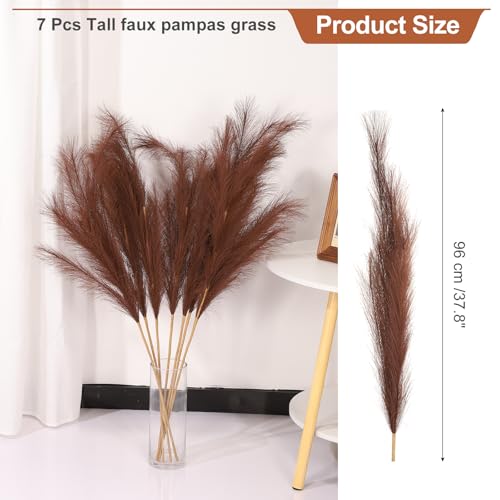 PATIKIL 37.8in Tall Pampas Grass Decor, 7pcs Large Artificial Pampas Grass Bulk Long Fluffy Faux Pampas Grass Dried for Home Boho Decor Vase Wedding Wall Ground, Dark Brown - color: Dark Brown