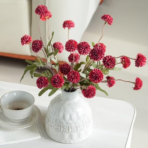 Laelfe Artificial Kiku Flower Wind Red- 5 Pcs Fake Pompon Mums Silk Small Chrysanthemum Faux Ball Fall Flower Stem Decor for Wedding Filler DIY Bouquet Centerpieces Arrangements Shower (Dark Red) - color: Dark Red