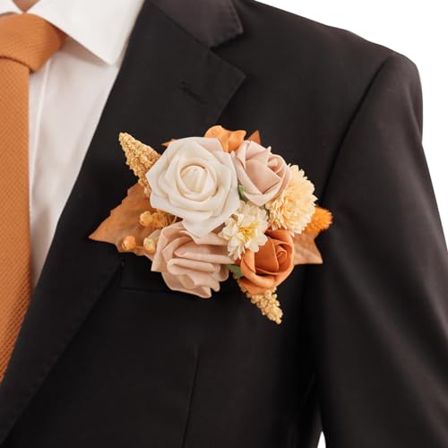 TINGE TIME Single Pocket Boutonniere for Man Groom, Best Man Boutonniere for Wedding, Prom, Homecoming, Anniversary, Graduation, Christmas Dinner(BurntOrange) - color: Or&cp