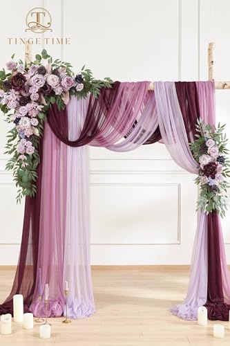 TINGE TIME Wedding Arch Flowers Kit - Deluxe 5pcs Artificial Floral Swag with 3 Sheer Drapes, Realistic Silk Flower Arrangements for Wedding Ceremony Arbor Backdrop Reception Party Home Decor - color: Lavender & Plum