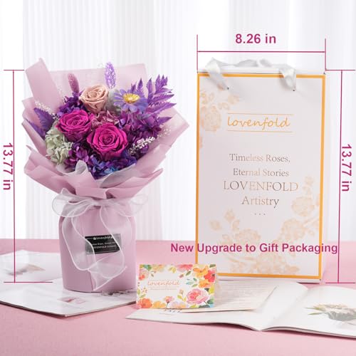 lovenfold Preserved Flowers for Delivery, Purple Rose Bouquets That Last 1-3 Years, Birthday Flowers Gifts for Women Mom Grandma Wife Friends - color: violet