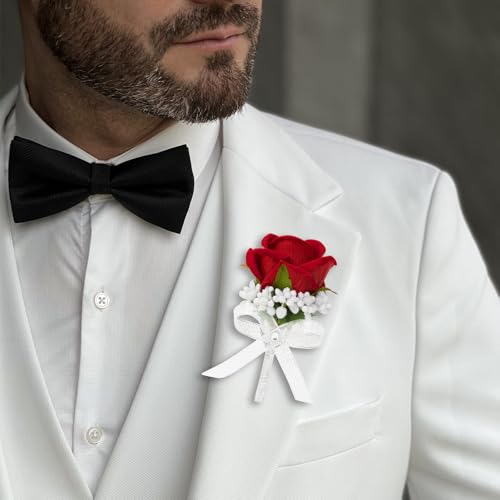 Red Rose Boutonniere for Men, Set of 2, Groom and Best Man Artificial Flowers Boutonnieres, for Wedding Ceremony Formal Dinner Prom Party - color: 2 Boutonnieres Red