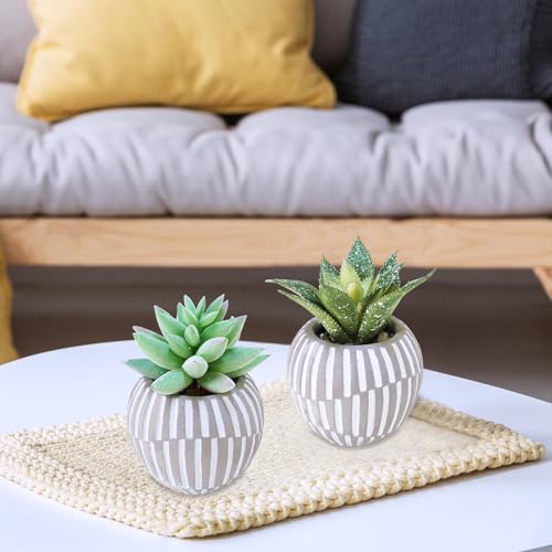 Winlyn Set of 3 Artificial Succulents Plants in Mini Gray and White Geometric Cement Pots Faux Potted Plants Aloe Pachyphytum Succulent Donkey Tail Small Plant for Home Office Table Shelf - color: Gray Pots