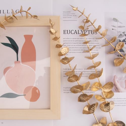 FEQO 120 Pcs Gold Eucalyptus Stems Artificial Leaves Faux Eucalyptus Stems Branches 15 inch for Wedding Bouquet Home Decor - color: Gold, size: 120 pcs