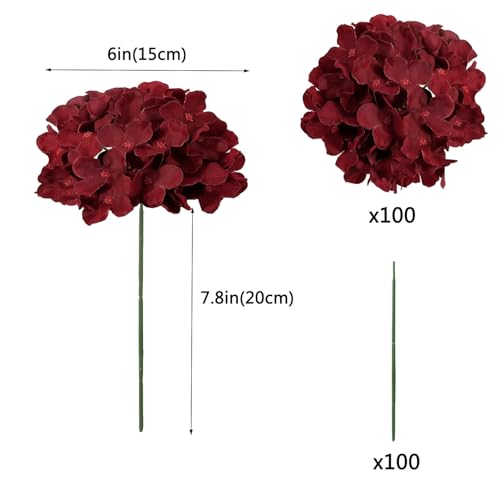 WEISPARK 100PCS Artificial Hydrangea Flowers, Fake Flowers Silk Hydrangea Full Flowers Heads with Stems for Wedding Home Party Shop Baby Shower Decor (Burgundy) - color: Burgundy