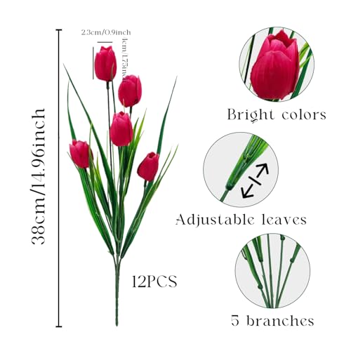 12 Bundles 60 Heads Artificial Tulips Fake Flowers Outdoor UV Resistant Silk Tulip Faux Plastic Greenery Shrubs Plants for Outside Planter Porch Garden Patio Decor (Rose Red) - color: Rose Red