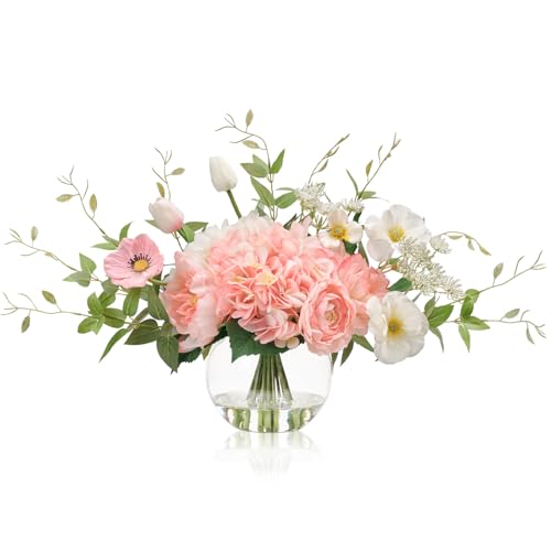 WELL KNOWN Artificial Flowers in Vase, Fake Silk Peony Tulip Hydrangea Pink & White Flower Bouquet Arrangement with Faux Water Centerpieces for Home Wedding Dining Table Party Decor & Gift for Women - color: Pink