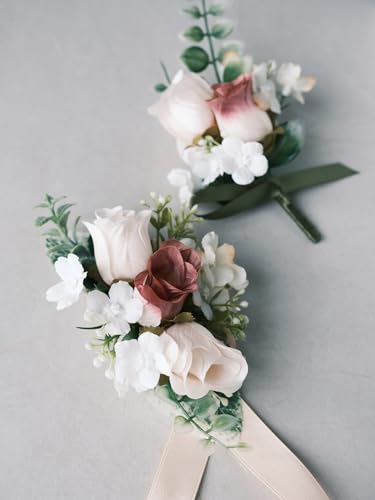 White Rose Wrist Corsage and Boutonniere Set with Ribbon Ties Wedding Prom Formal Accessories (Multicolor) - color: Multi Color