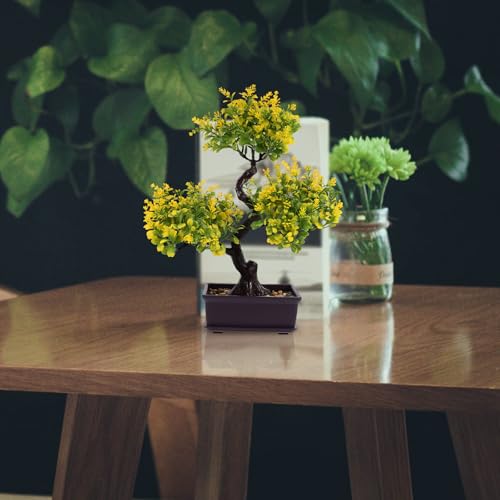 Cabilock Artificial Bonsai Tree Faux Potted Plant Simulation for Home Office Desk Decor Low Maintenance Greenery 14.17X12.59X3.93 Inches - color: Yellow