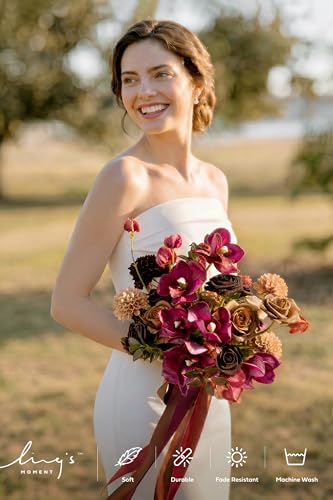 Ling's moment Plum and Earth Brown Wedding Bouquets for Bride, Brown Purple Bridal Bouquets for Bride, 13 Inch Free Form Artificial Wedding Flower Bouquet - color: Brn-plum & Earth Brown, size: Small 13 Inch