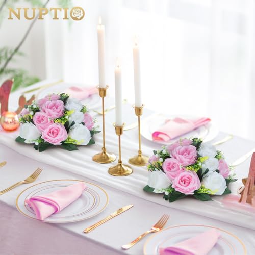 NUPTIO Flower Centerpieces for Wedding Tables: Pink & White Artificial Flower Ball Arrangement for Weddings Party - 2 Pcs Fake Floral Rose for Birthday Bridal Shower Decorations - color: Pink & White, size: 2 Pcs