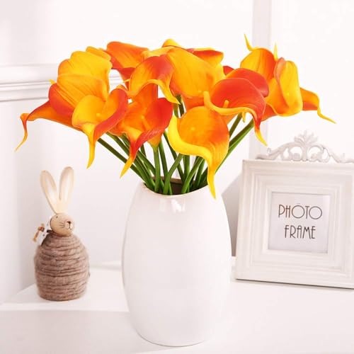Floral Kingdom 20 Pack Artificial Calla Lily Flowers 14 Inch Yellow-Orange – Real Touch Faux Flowers for Table Centerpieces, Home Decor and Weddings - color: Yellow-orange