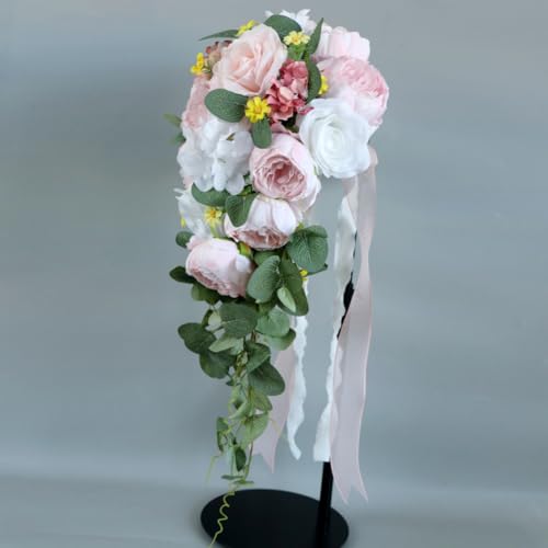 9.8 Inch Cascading Bridal Bouquet Waterfall Cascade Wedding Bouquet Bride with Artificial Rose Peony Flower Rustic Boho Wedding Ceremony Bouquet Pale Pink and White - color: Pale Pink & White