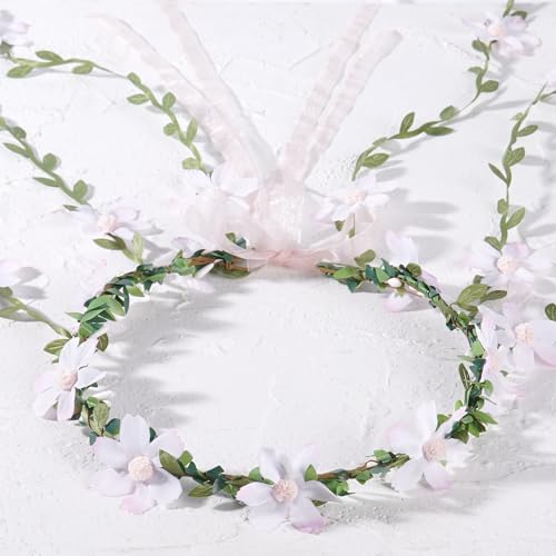 Fairy Pink Flower Headpiece, Artificial Boho Daisy Floral Headband, Forest Woodland Vine Flower Crown for Women Bridal Wedding Renaissance Party Cosplay Costume Hair Accessories - color: Pink