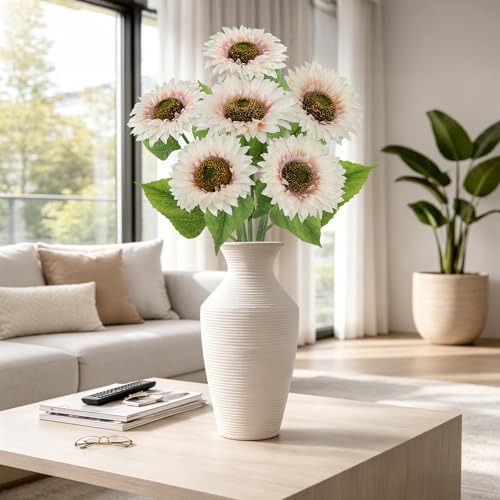 12Pcs 25.6" Artificial Sunflowers Long Stem Artificial Flowers for Tall Vase 5.9" White Fake Sunflowers Bouquet Spring Summer Flower Arrangements for Table Centerpieces Home Wedding Party Decor