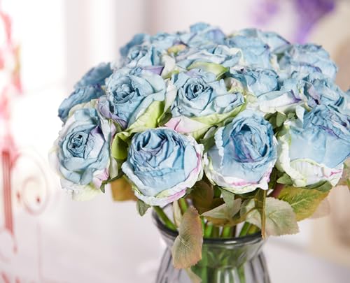 PONKING Rose Artificial Flower 28pcs Realistic Faux Silk Roses Fake Flowers Bouquets Arrangements Decor for Wedding Spring Mother's Day, Home Table Decorations, Blue Flower - color: A 28pcs Blue Rose