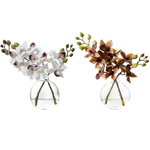 Artificial White Orichid Artificial Flowers in Clear Glass Water‑Filled Vase – Silk Fake Plants Table Centerpiece for Home, Shelf, Office & Dining Decor, Maintenance‑Free (White Light Orange) - color: White Light Orange