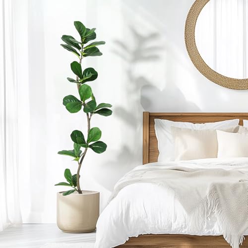 GarveeHome Artificial Fiddle Leaf Fig Tree - 5 ft Fake Plant with Black Nursery Planter, Large Fake Tree for Home or Office Decor - Artificial Plants Indoor Outdoor, Housewarming Gift - size: 5ft