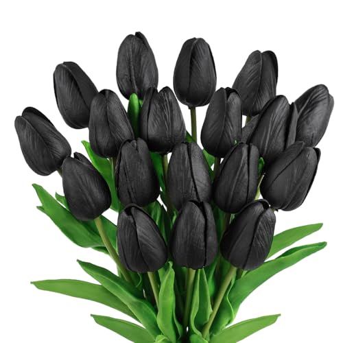 Beferr Black Tulips Artificial Flowers 18pcs Faux Tulip Real Touch Fake Flowers Bouquets for Halloween Easter Gifts Home Party Wedding Table Decorations - color: O-18pcs-1colors-black, size: 18PCS