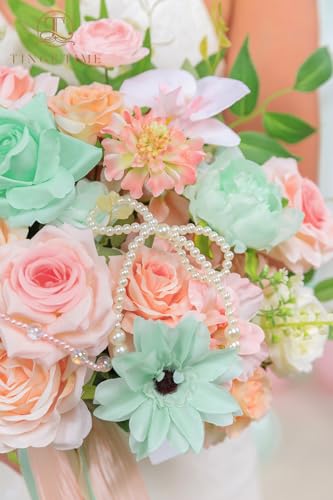 TINGE TIME 13 Inch Wedding Bouquets for Bride,Bridal Bouquet for Bride, Artificial Silk Flowers for Wedding Ceremony and Anniversary (Mint Green & Pink) - color: Mint Green & Pink