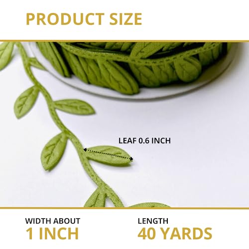 Leaf Ribbon 40 Yard Fabric Ribbons Roll Green Leaf Tape 1" Width Artificial Olive Trim Tape for Gift Wrapping Craft DIY - size: 40 Yards