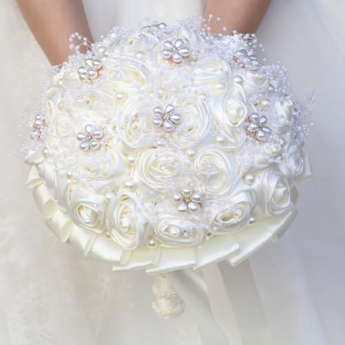 Ivory Bridal Wedding Bouquet Handmade with Rhinestone Pearl Ribbon Satin Rose Flower Bouquet for Bride Bridesmaid Quinceanera Bouquet Wedding Ivory 7.5in - color: Ivory (Medium Size: Dia.7.5")