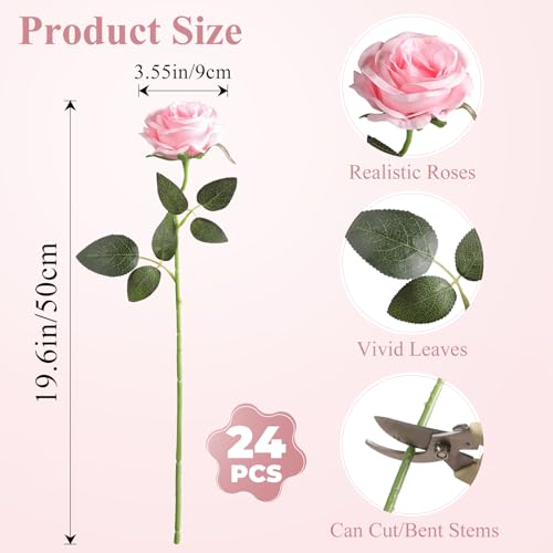 Nubry 24pcs Artificial Pink Roses, Fake Silk Roses Flower with Long Stems, Realistic Flowers for Bridal Wedding Party Table Centerpiece Home Decor - color: Pink