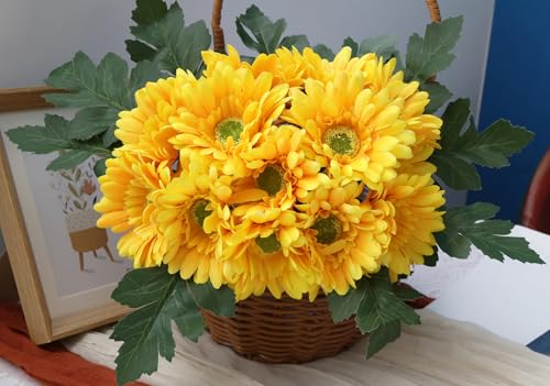 IPOPU 2 Bundles Artificial Gerbera Daisy Flowers 14 Heads Yellow Fake Daisy with Stems Faux Silk Daisy Flower for Wedding Bridal Bouquet Party Floral Arrangements Home Table Centerpiece Decor (Yellow) - color: Yellow