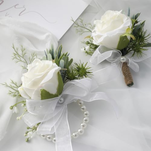 Floroom Ivory Rose Wrist Corsage Wristlet Band Bracelet and Men Boutonniere Set for White Wedding Flower Accessories Prom Suit Decorations - color: 1 Boutonniere & 1 Wrist Corsage