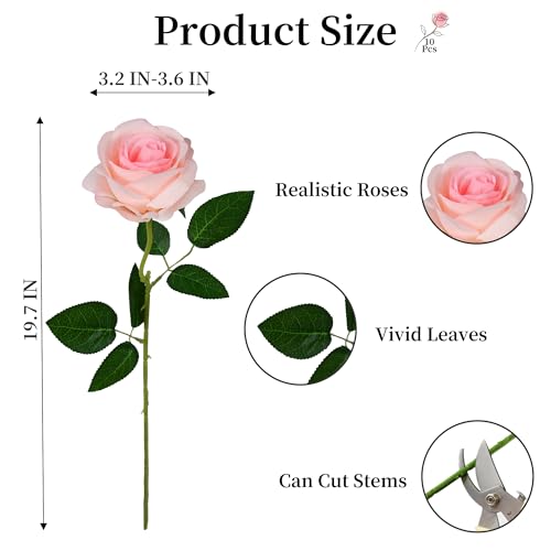 10 Pcs Light Pink Rose Artificial Flower, Faux Silk Flowers With Long Stems, Fake Roses Bulk Bouquet for Decoration Valentine's Day Centerpieces Proposal Bridal Bouquets Shower Party Home Floral Decor - color: Light Pink