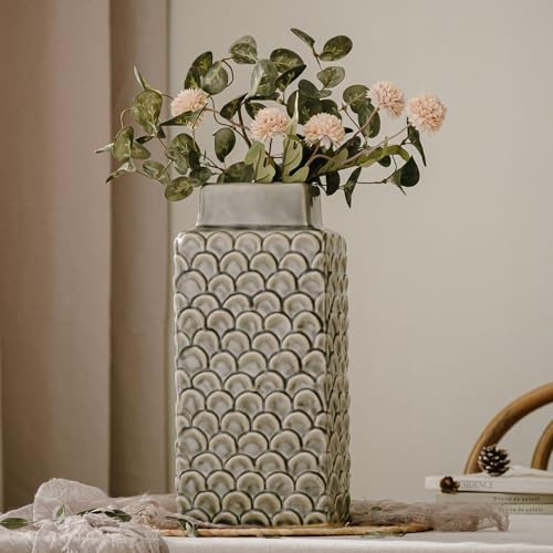 Ceramic Flower Vase, 12.6” Large Rustic Farmhouse Decorative Vase for Home Decor, Gray Textured Pottery Vase for Pampas Grass, Living Room, Entryway, Mantel, Kitchen Table - color: 302-grey