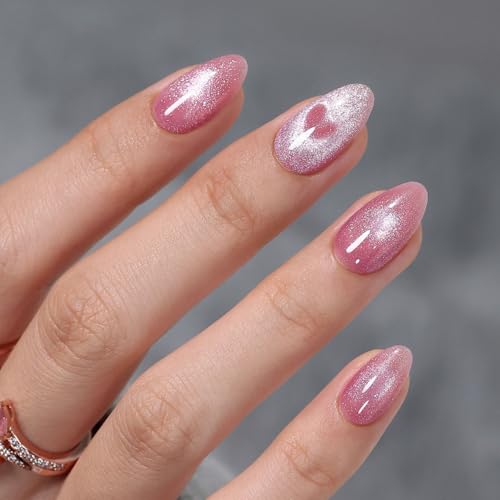 32Pcs Soft Gel Press on Nails for Women, Pink Heart, Short Almond | Magnetic Glass Cat Eye False Fake Nails Press Ons for Office Daily Wear, Salon Quality Reusable Glue & Stick on Nail Gift Kit - color: 1C-Pink Heart