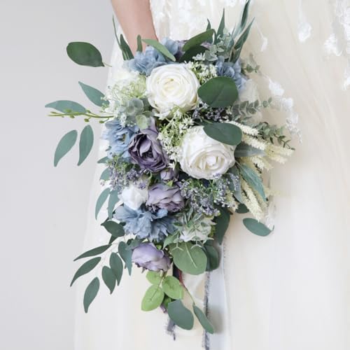 9.1 Inch Cascading Bridal Bouquet Waterfall Cascade Wedding Bouquet Bride with Artificial Rose Peony Flower Rustic Boho Wedding Ceremony Bouquet Dusty Blue - color: Dusty Blue