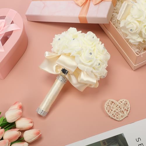 Jutom 10 Pack Wedding Bouquets for Bride Roses Bridesmaid Bouquet Bridal Bouquet Flowers Wedding Hand Holding Bouquet with Diamond Soft Ribbons for Engagement Bridal Shower Church Party (Cream) - color: Cream